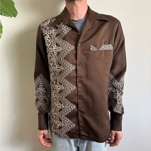 70's Embroidered Satin Button Down
